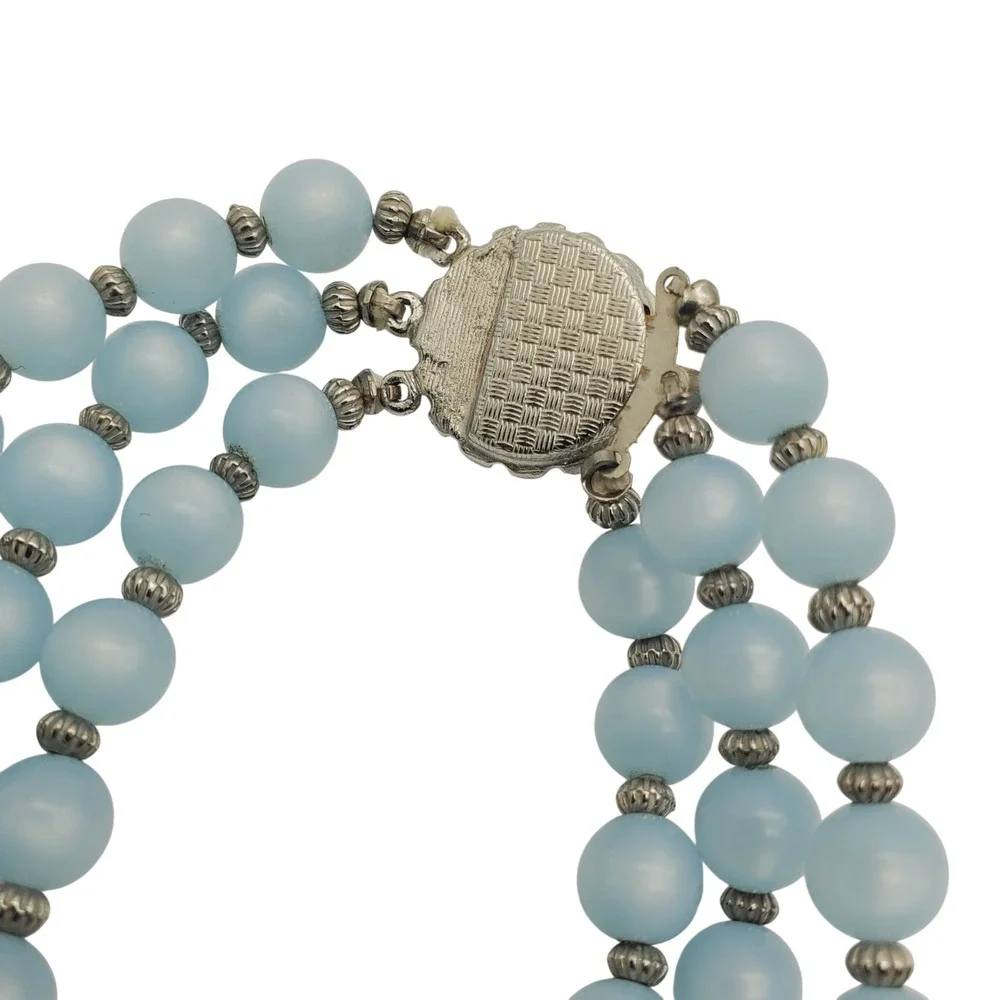 Sky Blue Beaded Acrylic Necklace Triple Strand Graduated Silver Tone Layered Vtg